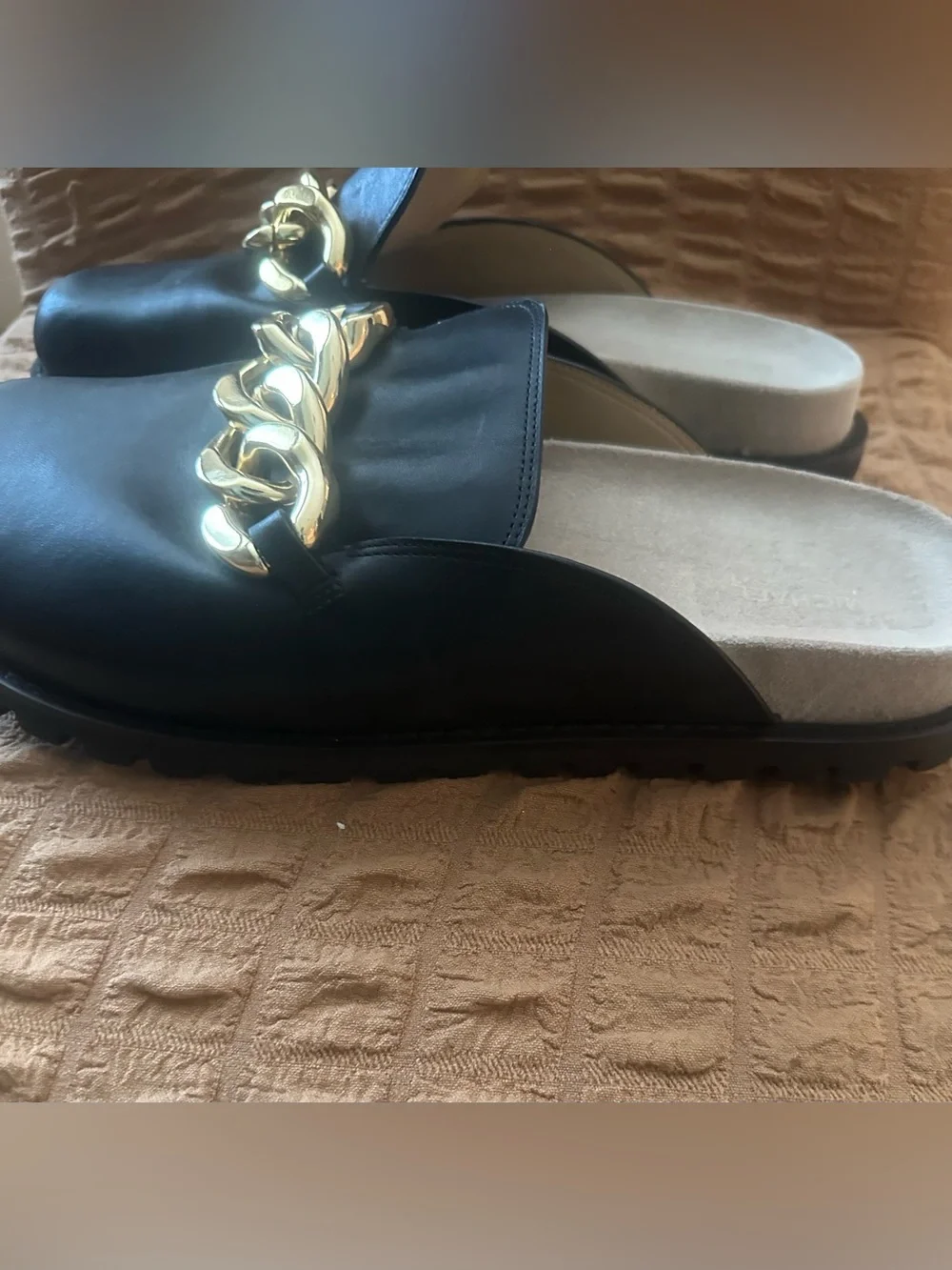 Michael Kors Black Leather Mules with Oversized Gold Chain